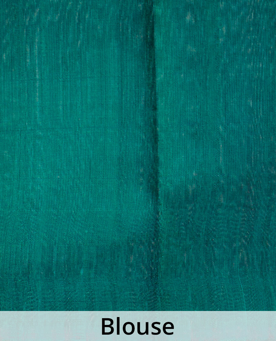 Borderless green dupion silk saree with stripes, and polka dots, zari rich pallu