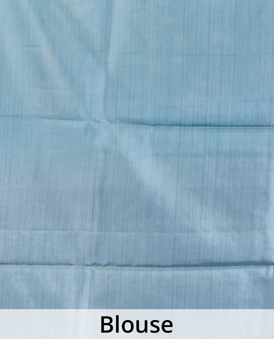 Blue floral vine design printed silk saree, self-border, and contrast pallu of unique print