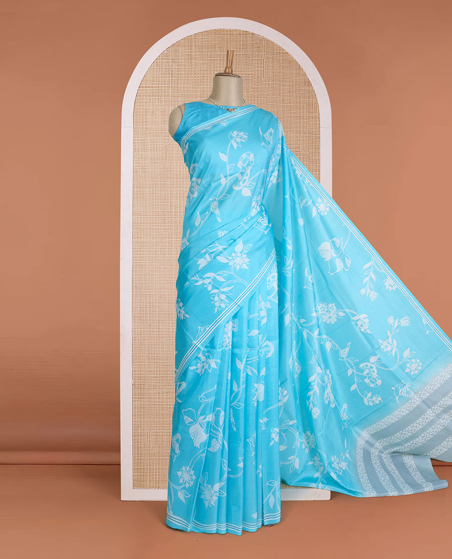Blue floral vine design printed silk saree, self-border, and contrast pallu of unique print