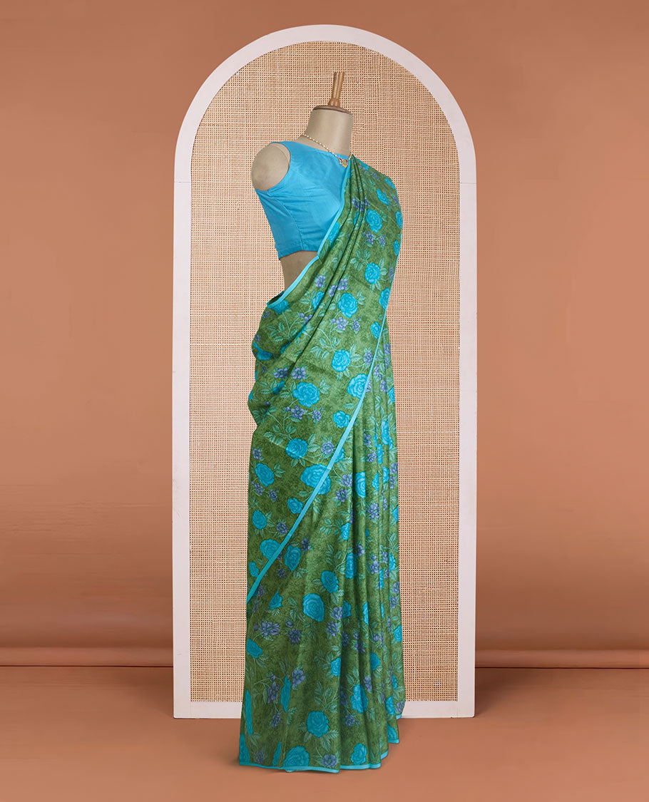Borderless green floral vine printed silk saree, contrast chevron stripes printed pallu