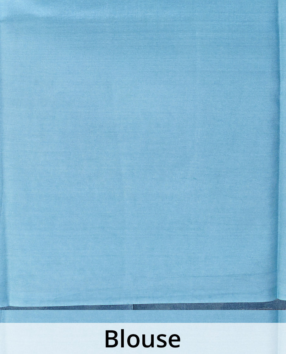 Blue floral vine printed silk saree, contrast border, and pallu of chevron stripes print