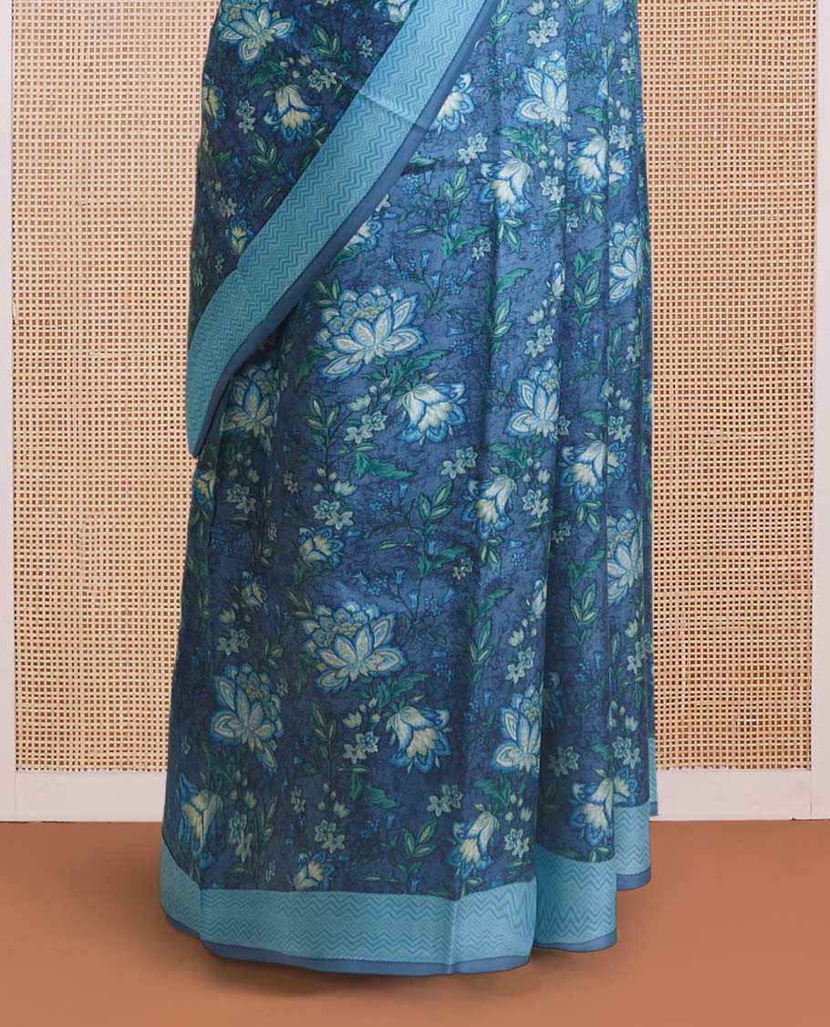 Blue floral vine printed silk saree, contrast border, and pallu of chevron stripes print