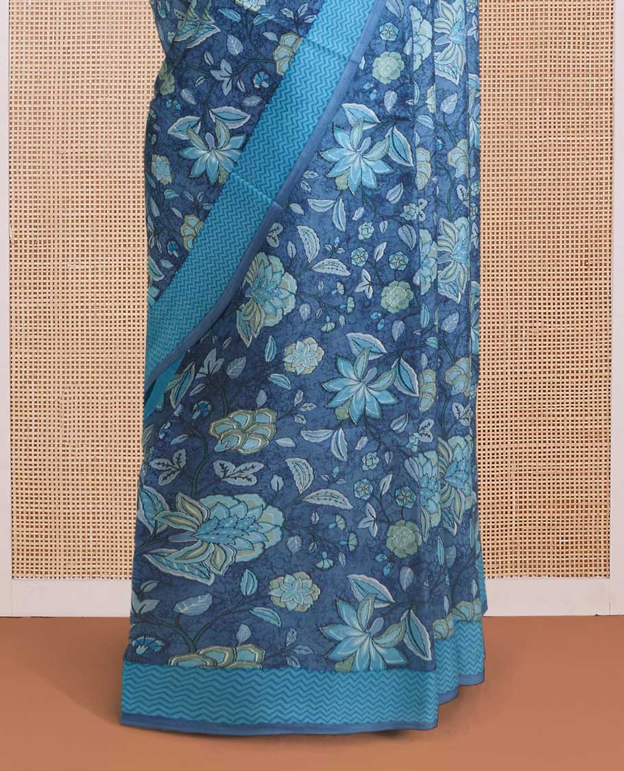 Blue floral vine printed silk saree, contrast border, and pallu of chevron stripes print