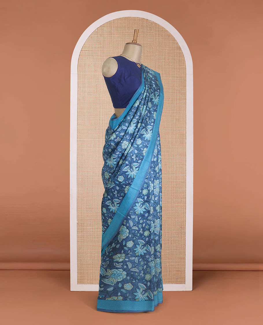 Blue floral vine printed silk saree, contrast border, and pallu of chevron stripes print