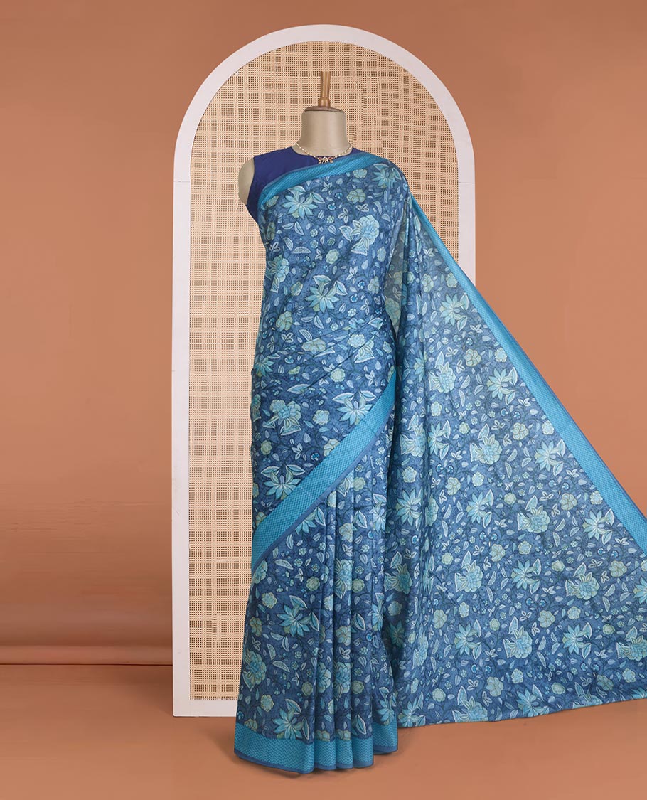 Blue floral vine printed silk saree, contrast border, and pallu of chevron stripes print