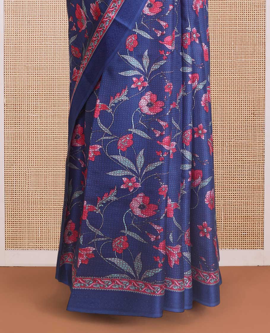 Navy blue micro-checked with floral vine printed silk saree, self-printed border, and pallu of stripes