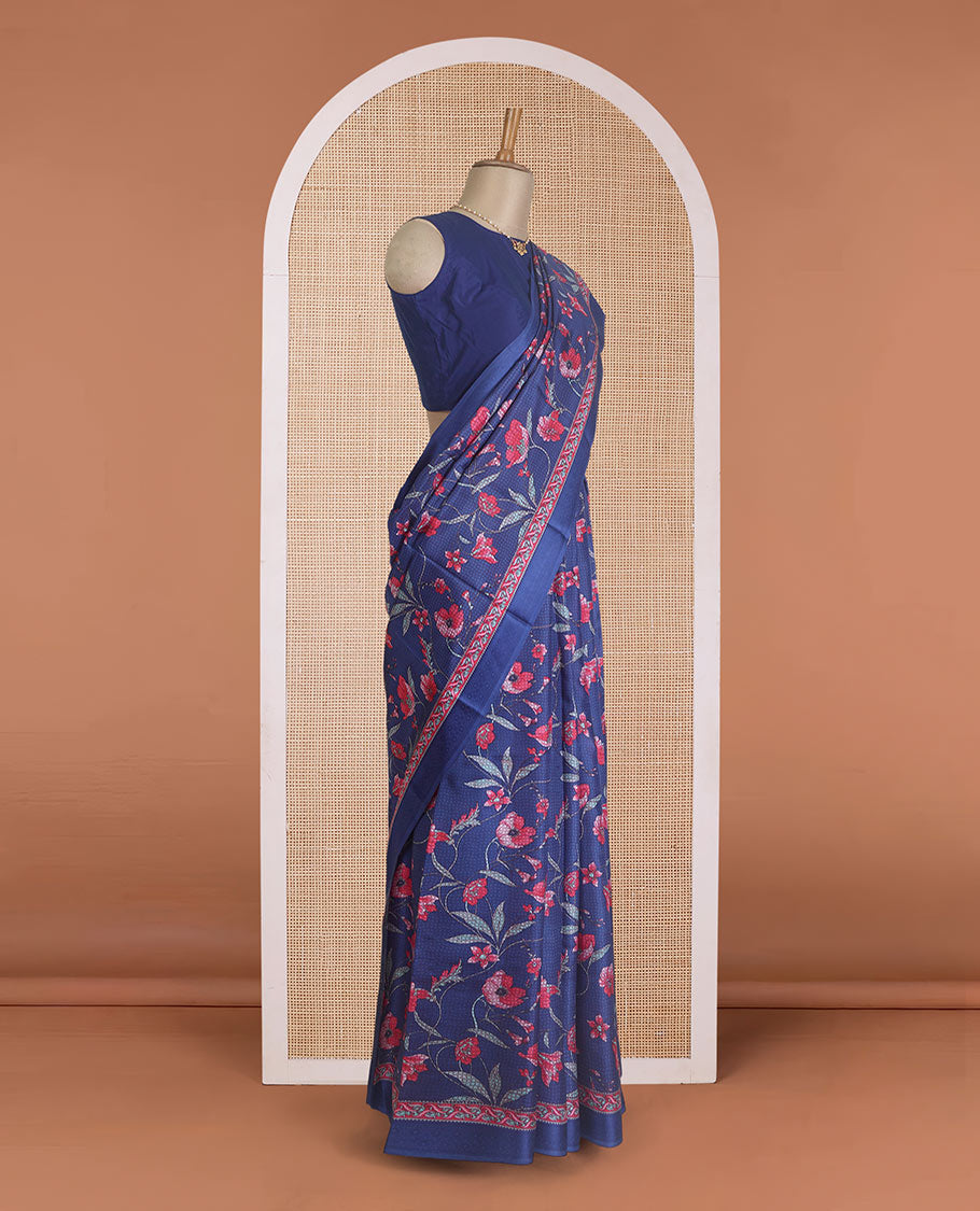Navy blue micro-checked with floral vine printed silk saree, self-printed border, and pallu of stripes