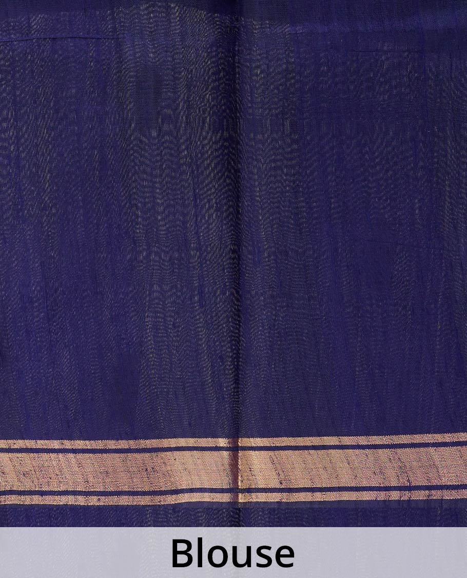 Navy blue dupion silk saree with floral buttas, thin zari piping border, and floral vine pallu