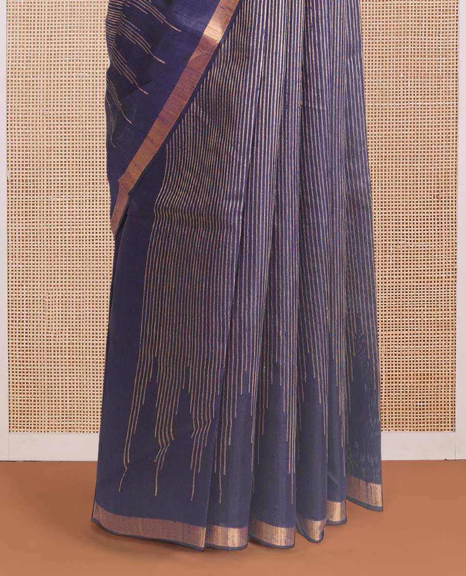 Blue striped dupion silk saree, big thazampoo rekku zari border, and zari-rich pallu