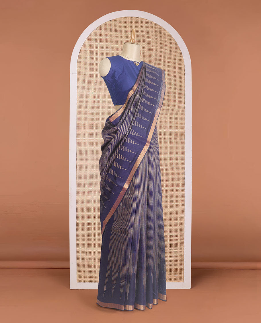 Blue striped dupion silk saree, big thazampoo rekku zari border, and zari-rich pallu