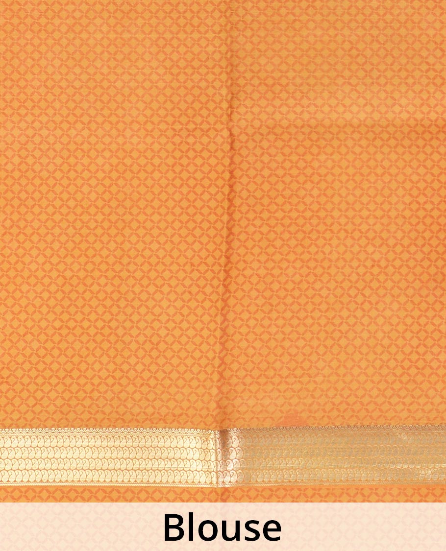 Orange kalamkari floral vine, and peacock printed silk saree, paisley zari motifs border, and striped pallu