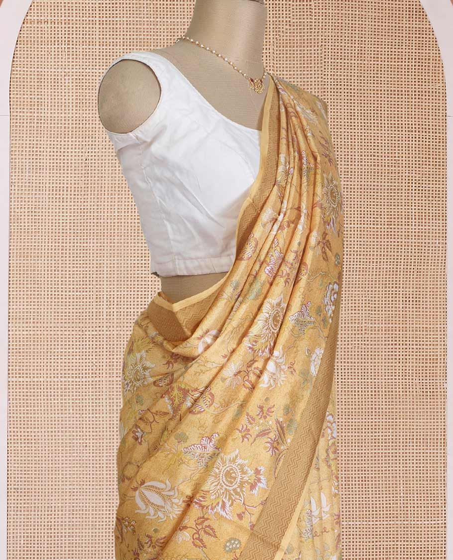 Yellow floral vine printed silk saree, contrast border, and pallu of chevron stripes print