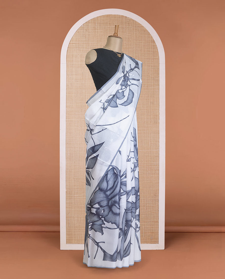 Borderless white and grey floral motifs printed silk saree, floral design pallu