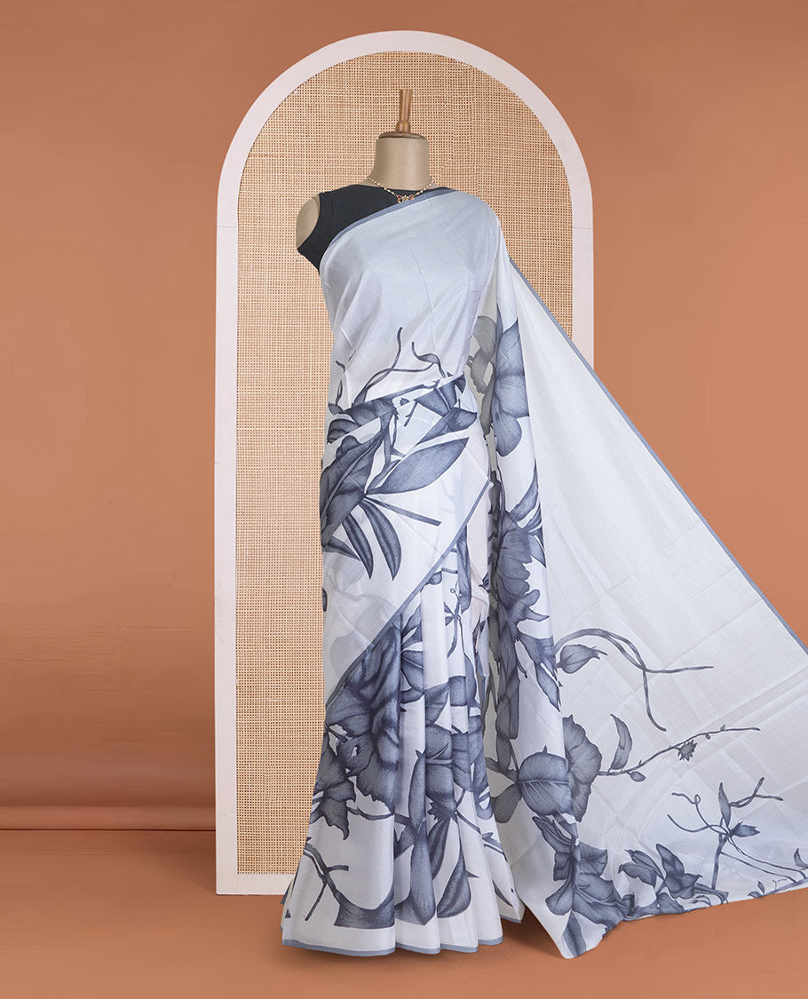 Borderless white and grey floral motifs printed silk saree, floral design pallu