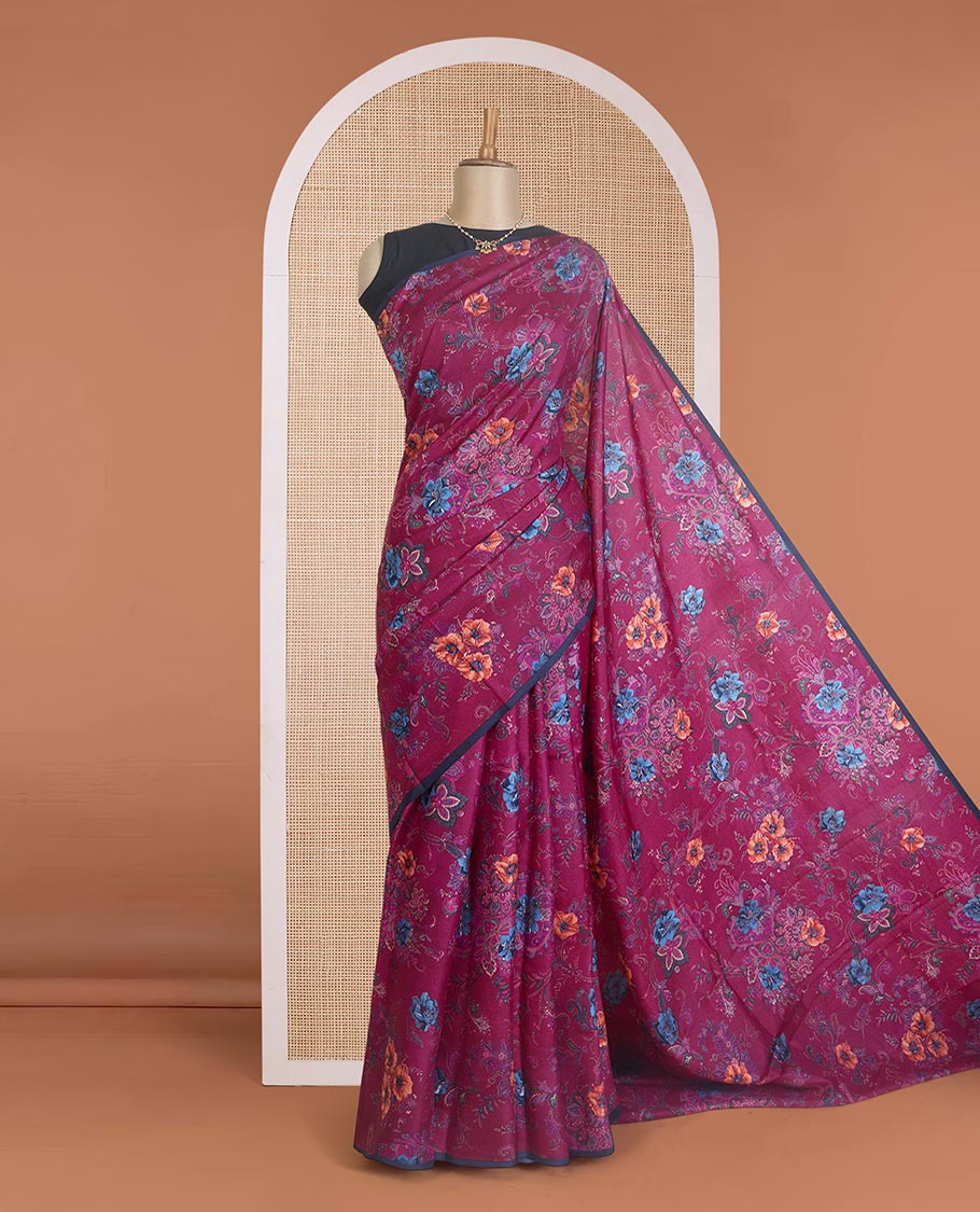 Borderless purple floral vine printed silk saree, contrast thin piping border, and printed pallu