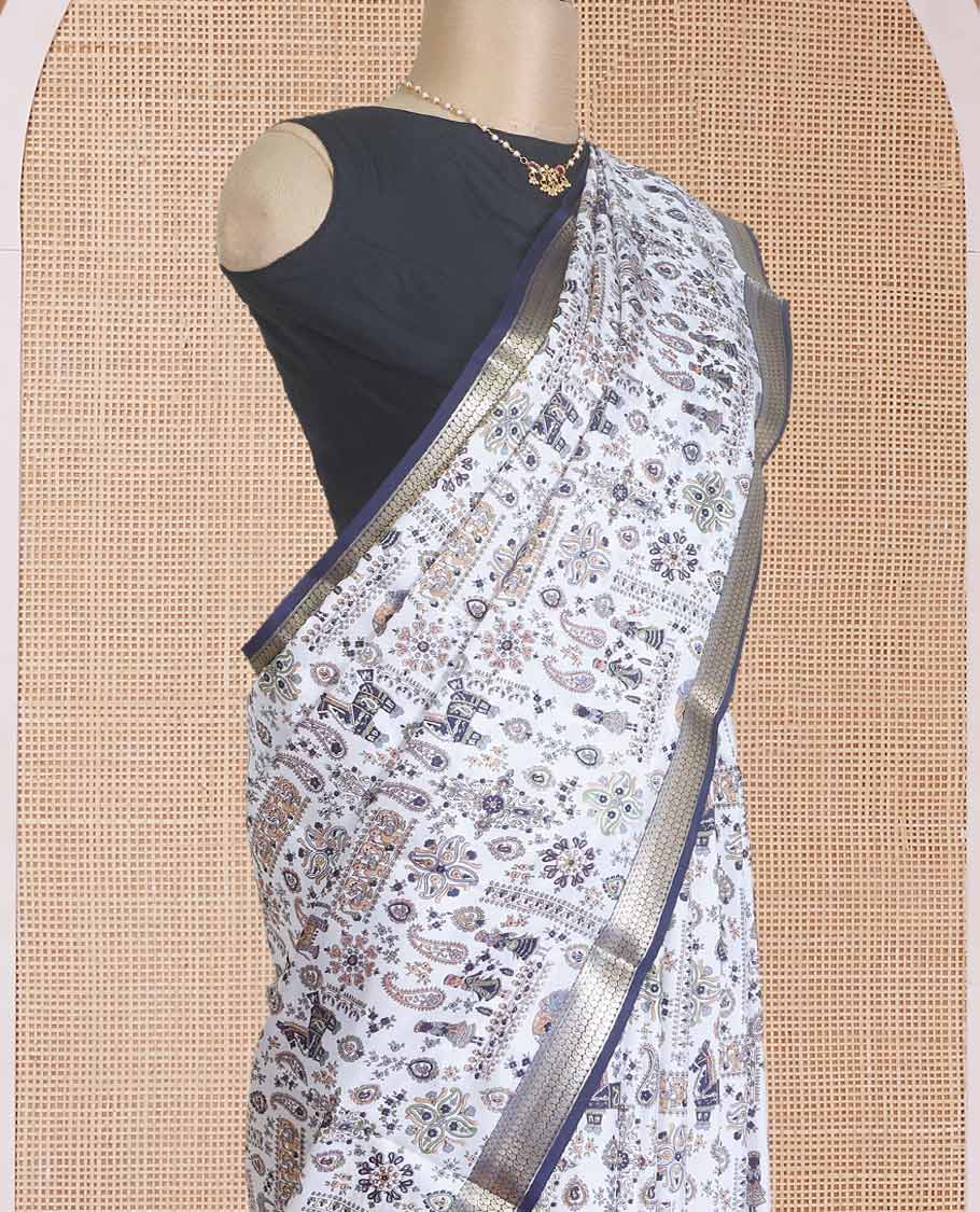 Multi-color paisley and human motifs printed silk saree, contrast zari paisley border, and paisley and human motifs printed pallu