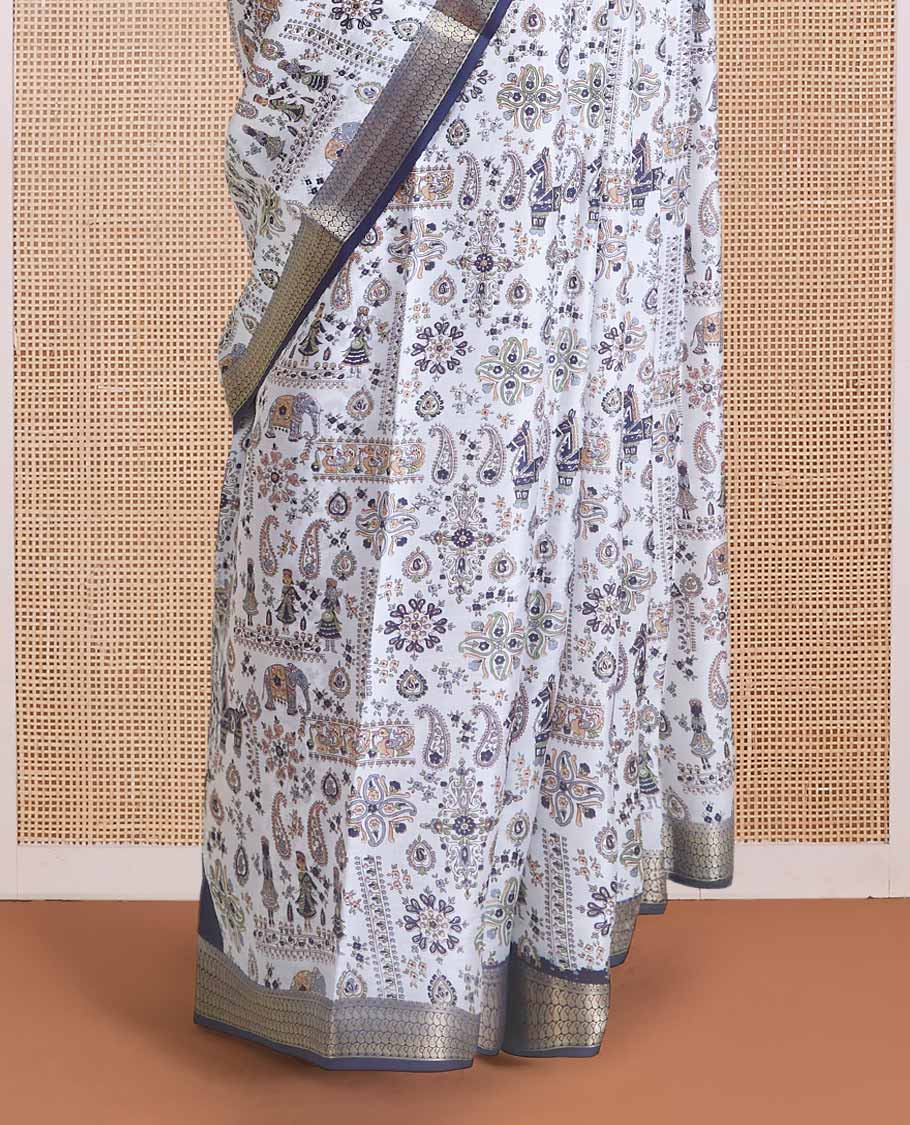 Multi-color paisley and human motifs printed silk saree, contrast zari paisley border, and paisley and human motifs printed pallu