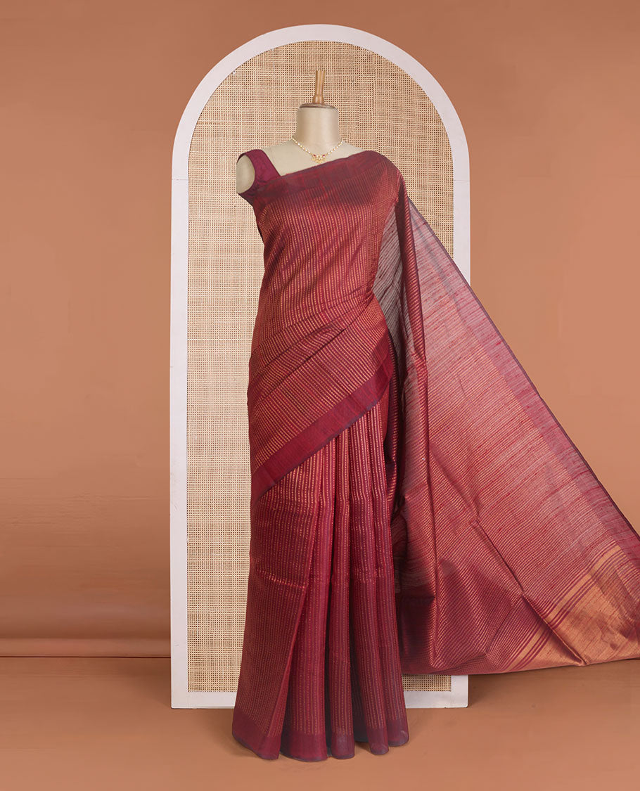 Borderless maroon dupion silk saree with stripes, and polka dots, zari rich pallu