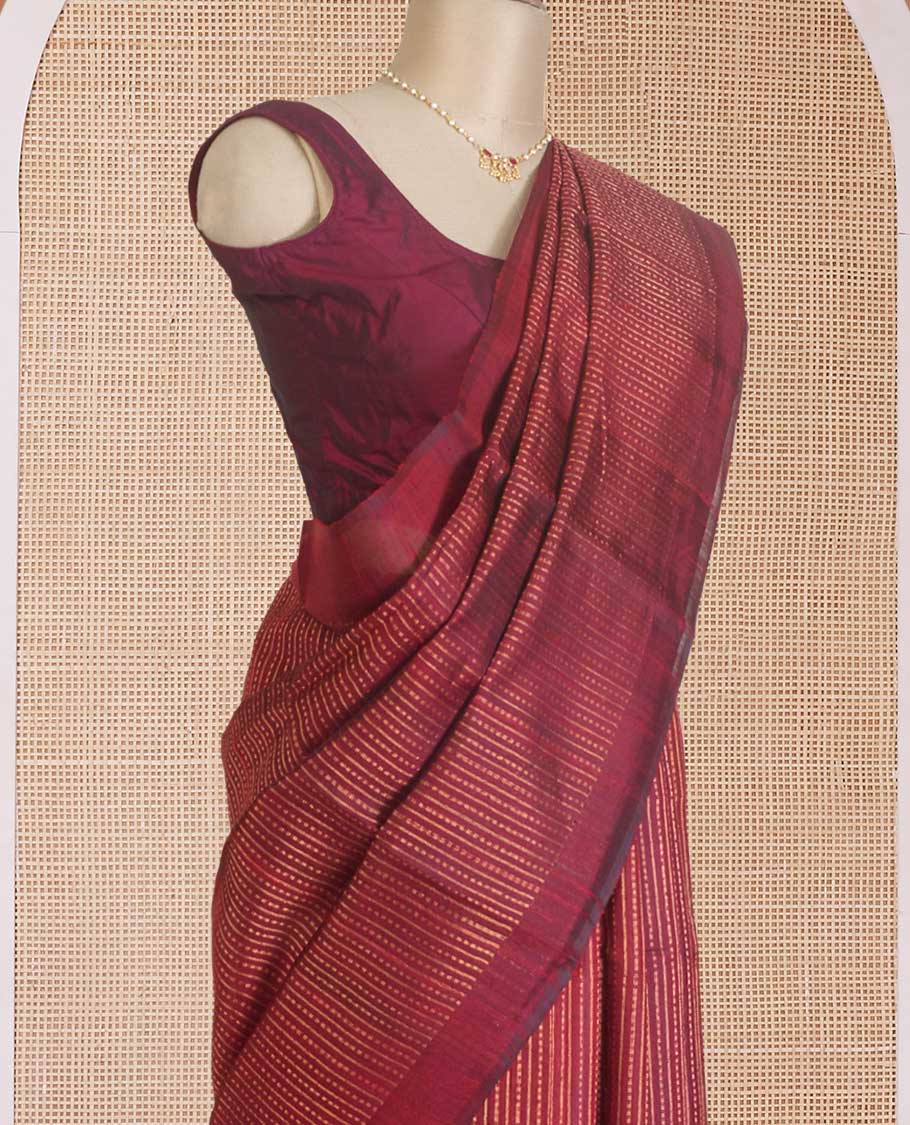 Borderless maroon dupion silk saree with stripes, and polka dots, zari rich pallu