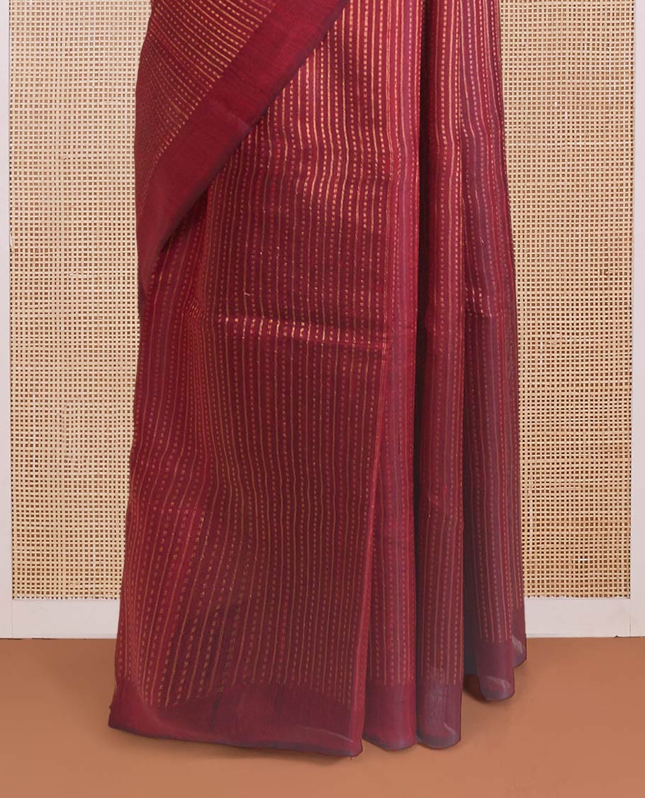 Borderless maroon dupion silk saree with stripes, and polka dots, zari rich pallu