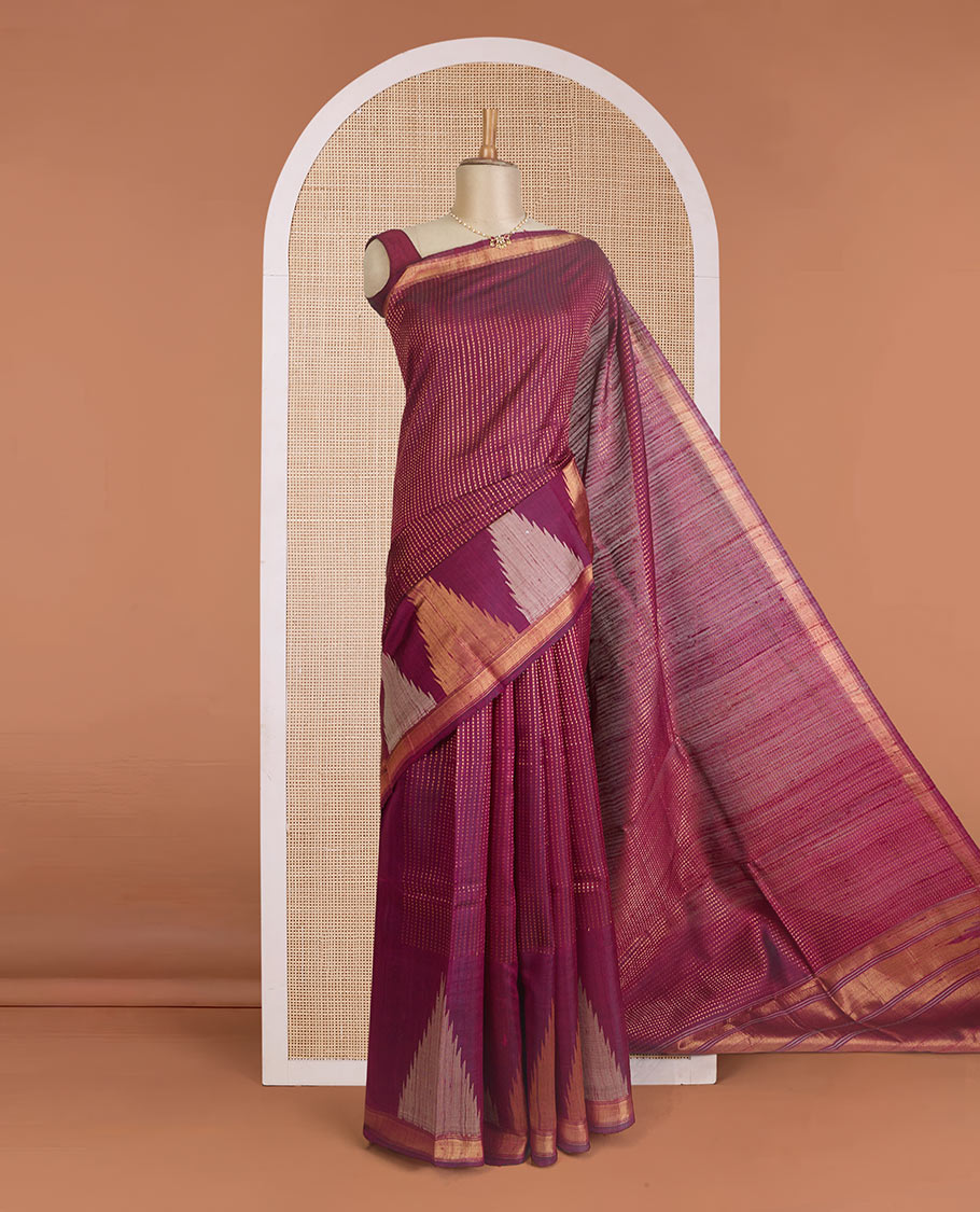 Purple dobby-style buttas dupion silk saree, big thazampoo rekku border, and zari-rich pallu