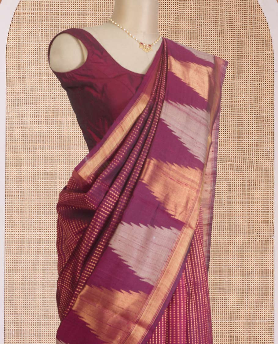 Purple dobby-style buttas dupion silk saree, big thazampoo rekku border, and zari-rich pallu