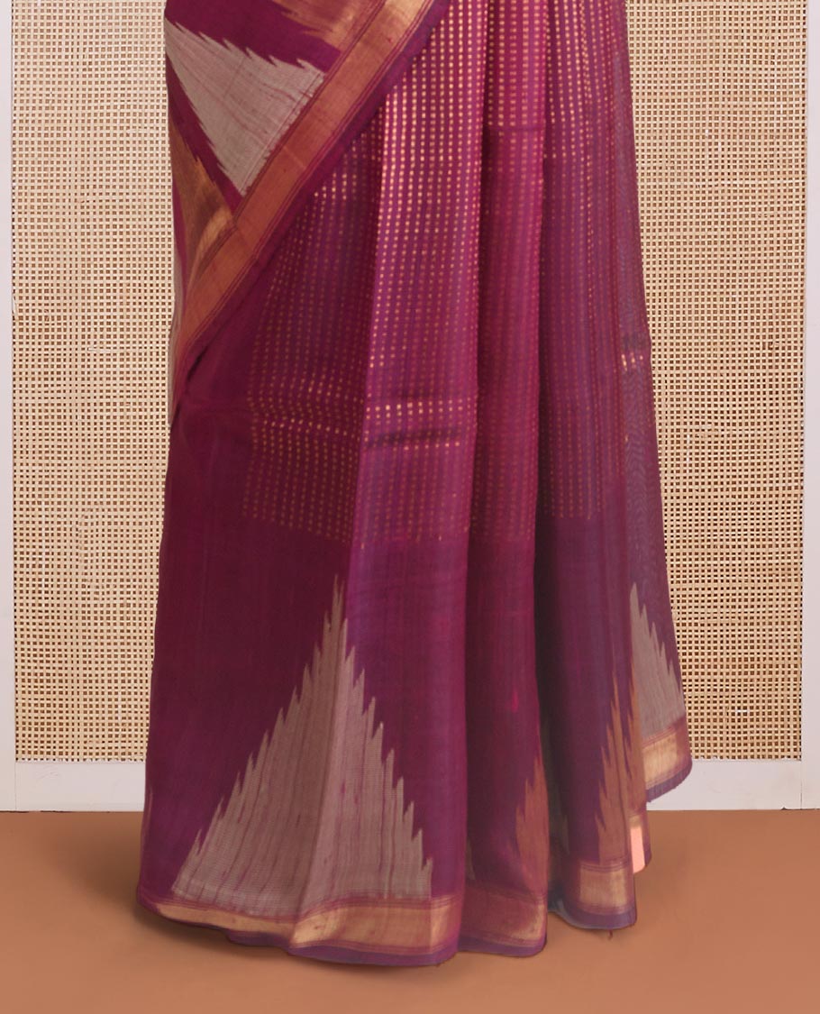 Purple dobby-style buttas dupion silk saree, big thazampoo rekku border, and zari-rich pallu