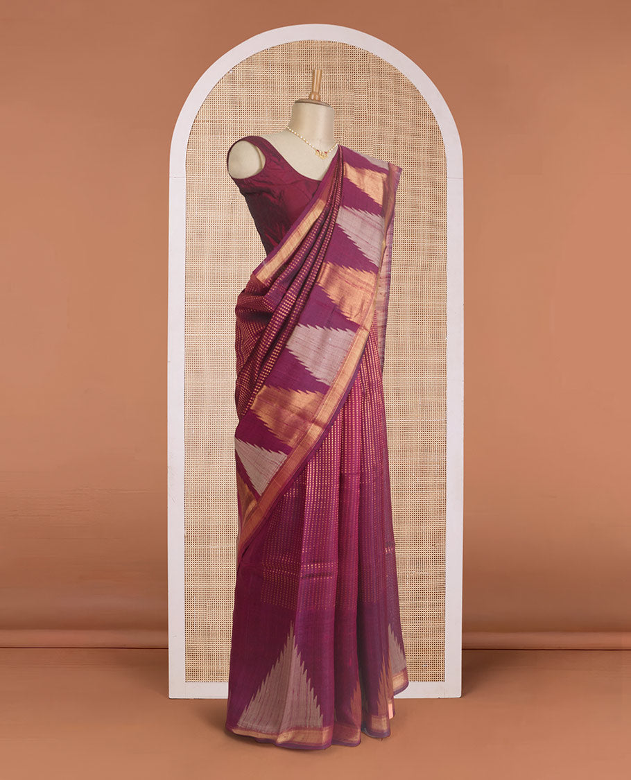 Purple dobby-style buttas dupion silk saree, big thazampoo rekku border, and zari-rich pallu