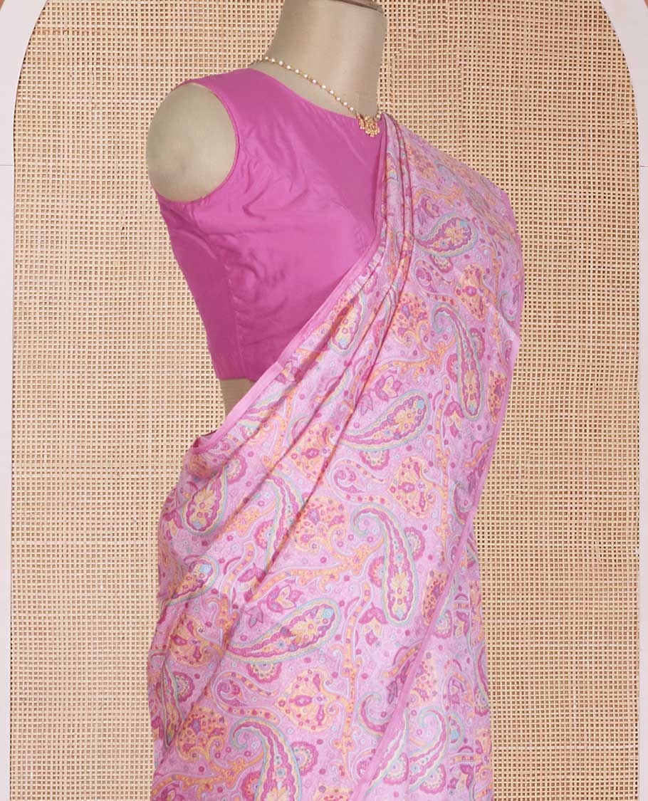 Borderless pink paisley motifs printed silk saree, intricately printed pallu