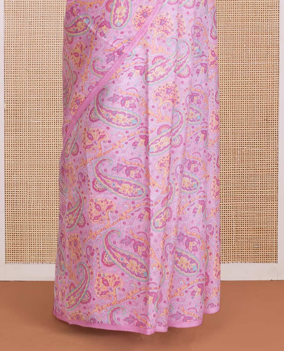 Borderless pink paisley motifs printed silk saree, intricately printed pallu