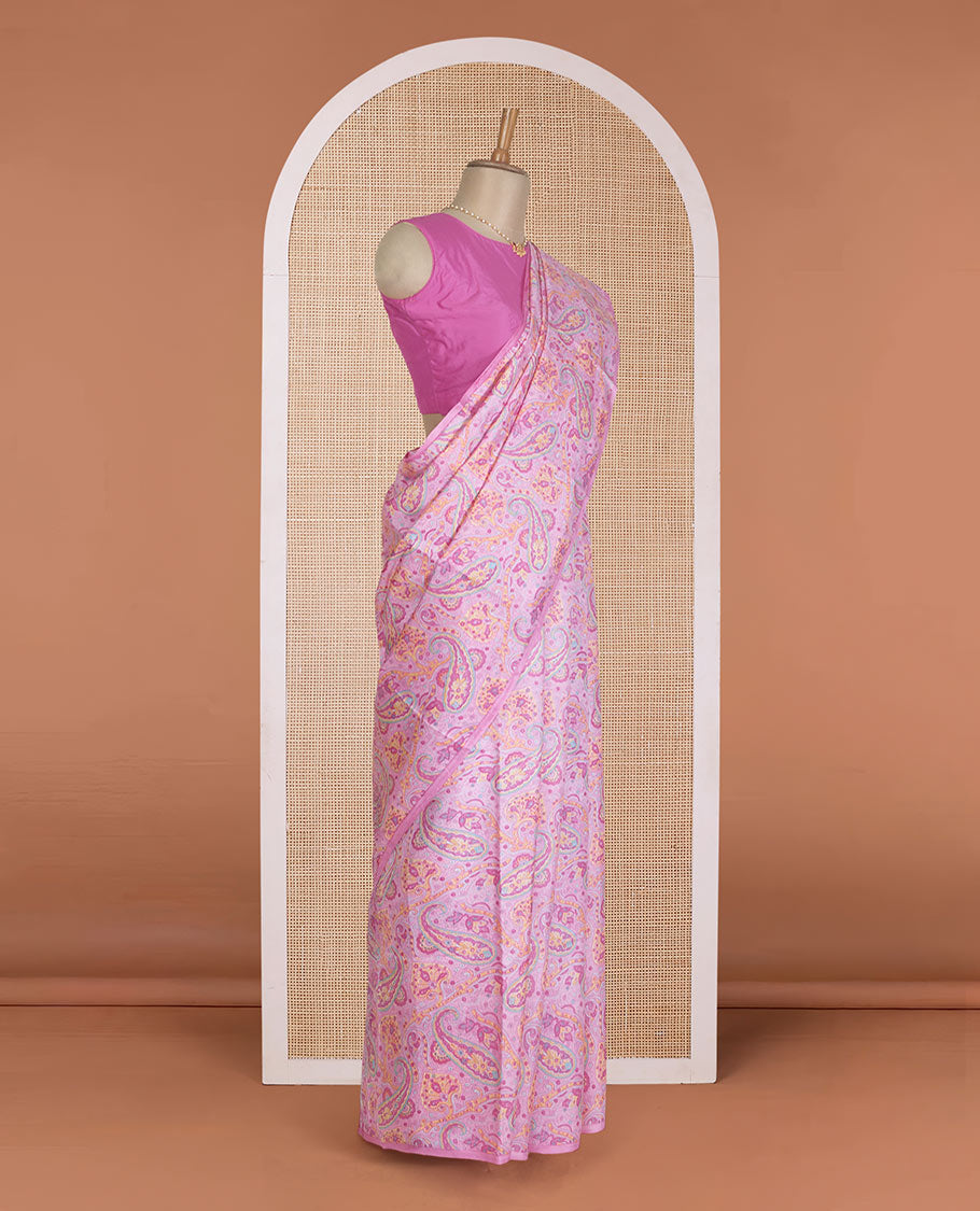 Borderless pink paisley motifs printed silk saree, intricately printed pallu