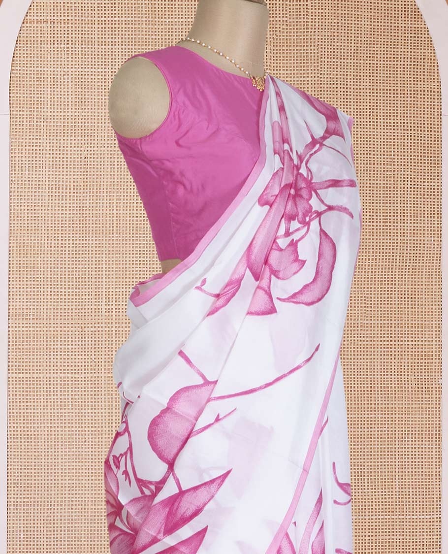 Borderless white-pink floral vine motifs printed silk saree, floral printed pallu