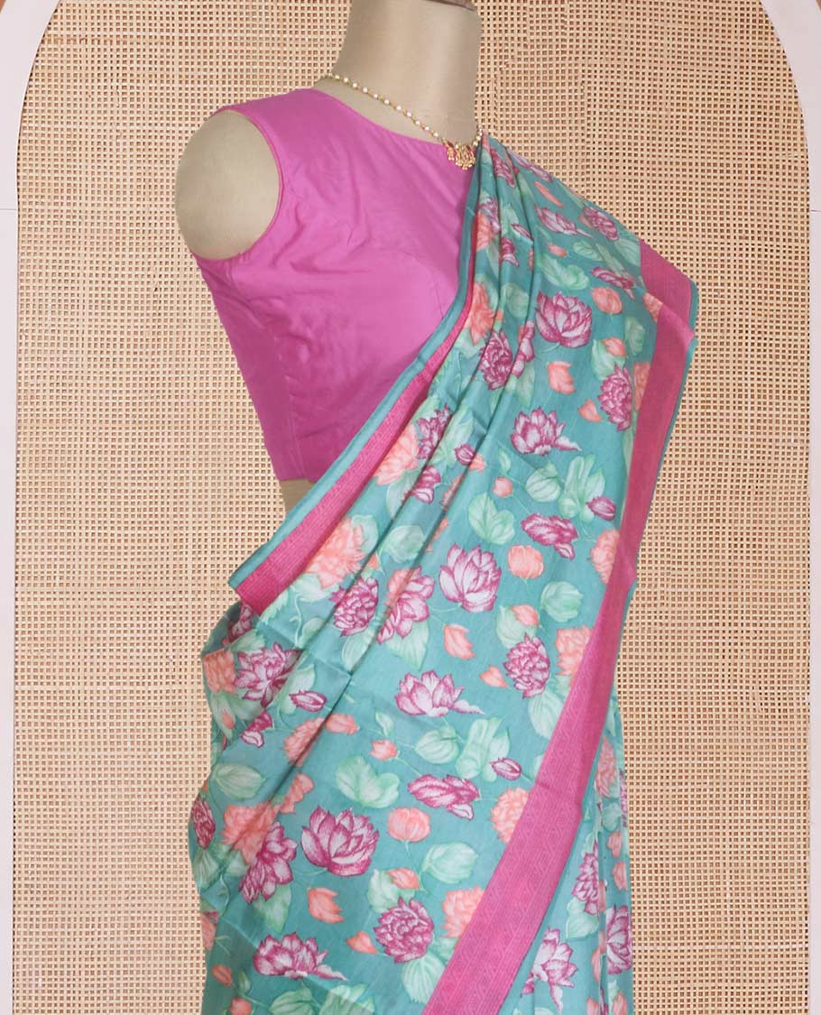 Green Pichwai lotus motifs printed silk saree, contrast plain border, and Pichwai lotus motifs printed pallu