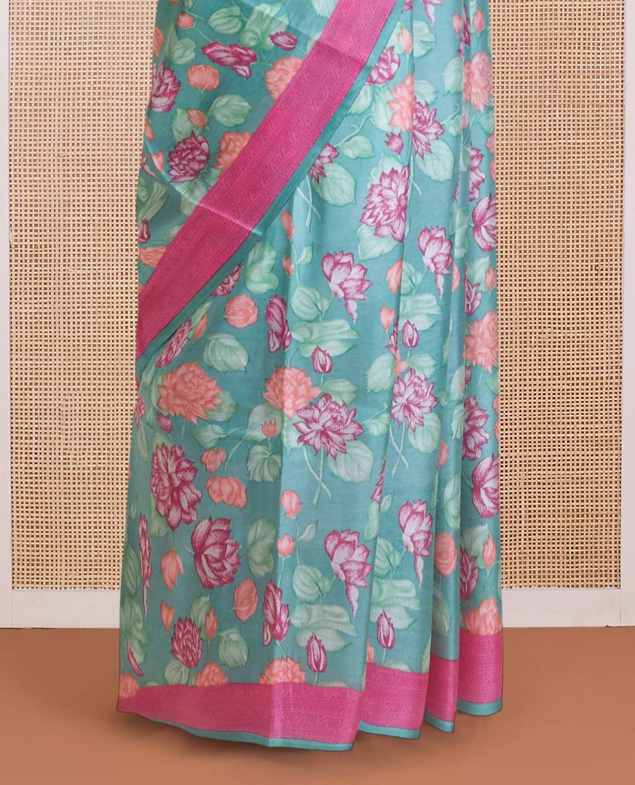 Green Pichwai lotus motifs printed silk saree, contrast plain border, and Pichwai lotus motifs printed pallu