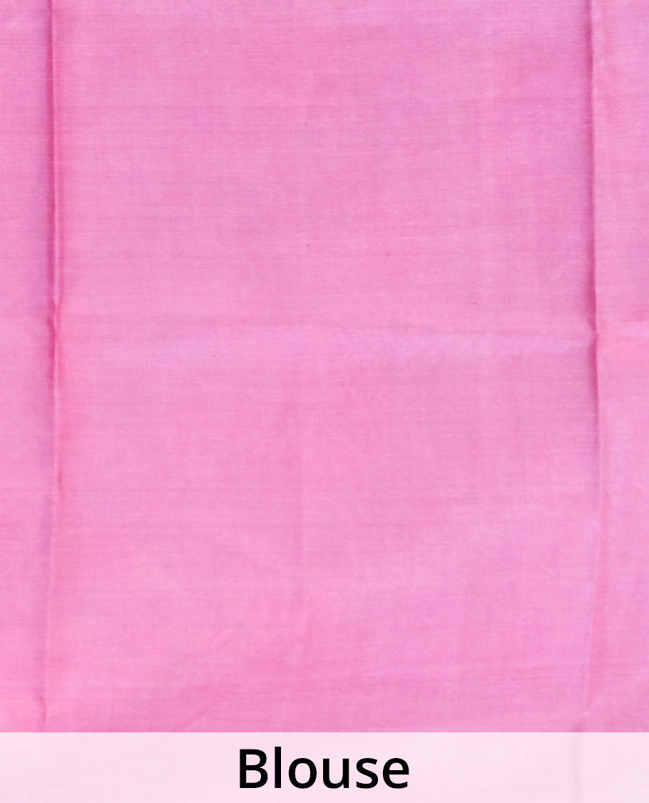 Pastel blue floral motifs printed silk saree, contrast chevron border, and chevron printed pallu