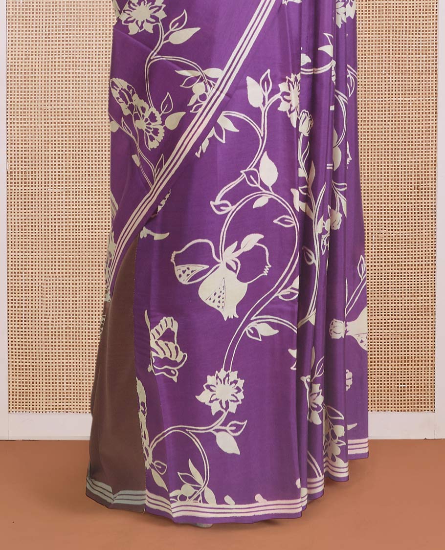 Violet floral vine and bird motifs printed silk saree, piping border, and floral printed pallu