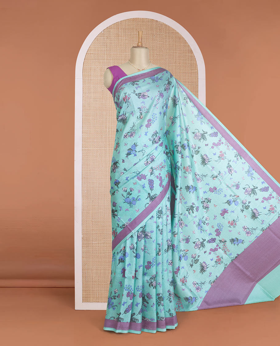 Blue floral vine printed silk saree, contrast printed border, and pallu of geometric print