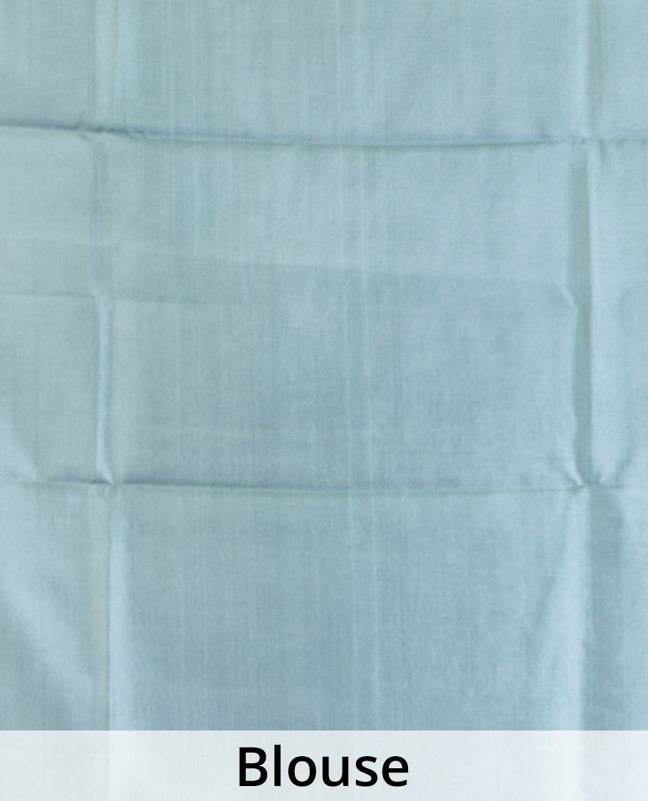 Pastel green floral vine printed silk saree, geometric printed border, and geometric printed pallu