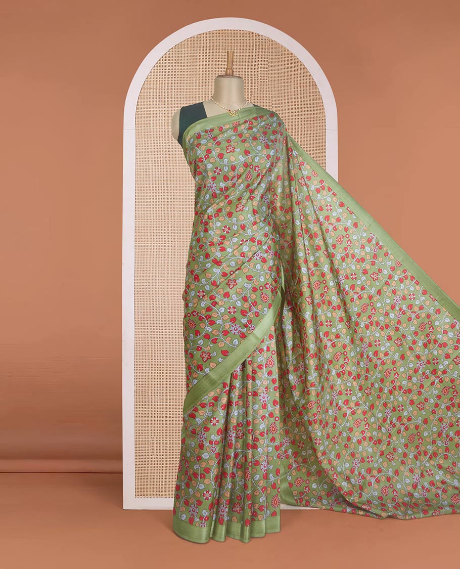 Green kalamkari floral vine printed silk saree, zari border, and pallu of stripes print