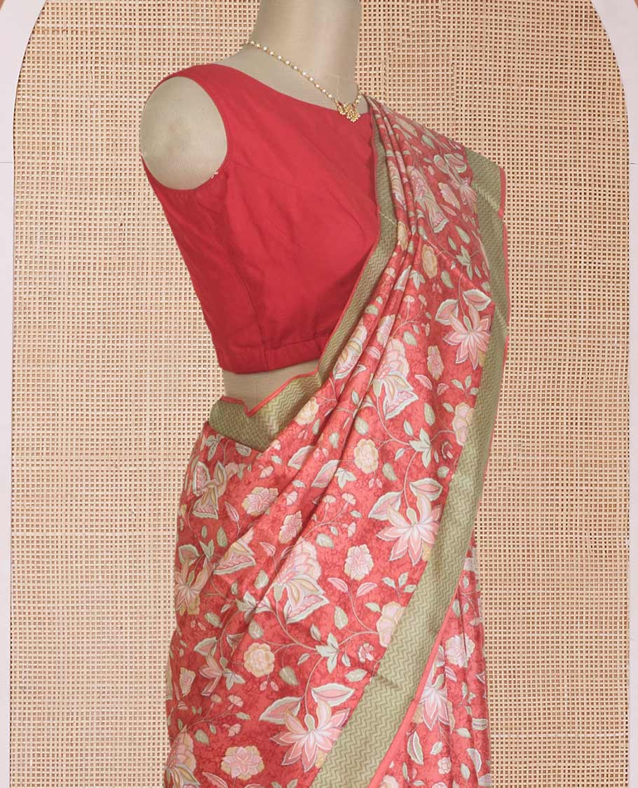 Peach floral motifs printed silk saree, contrast chevron border, and chevron printed pallu