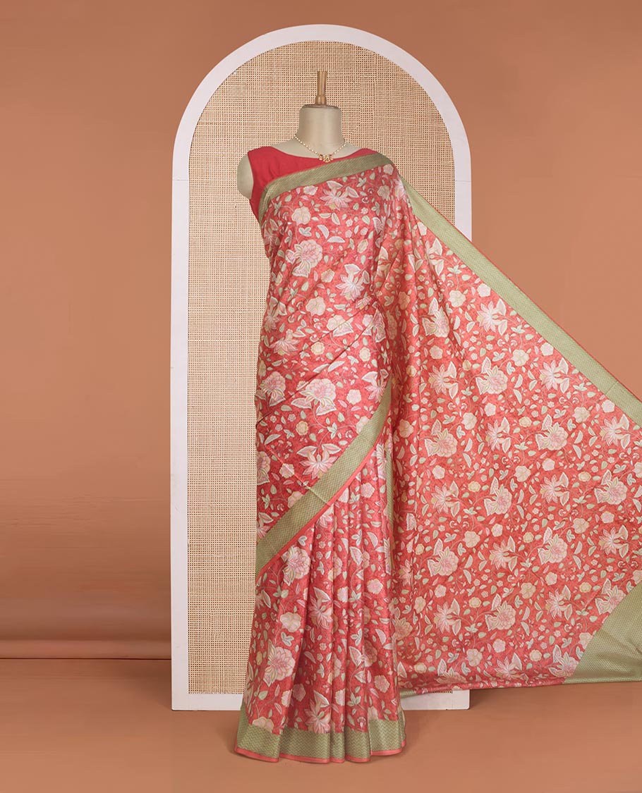 Peach floral motifs printed silk saree, contrast chevron border, and chevron printed pallu
