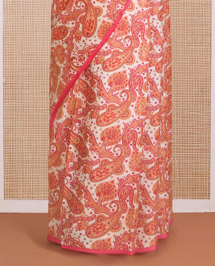 Borderless orange paisley motifs printed silk saree, intricately printed pallu
