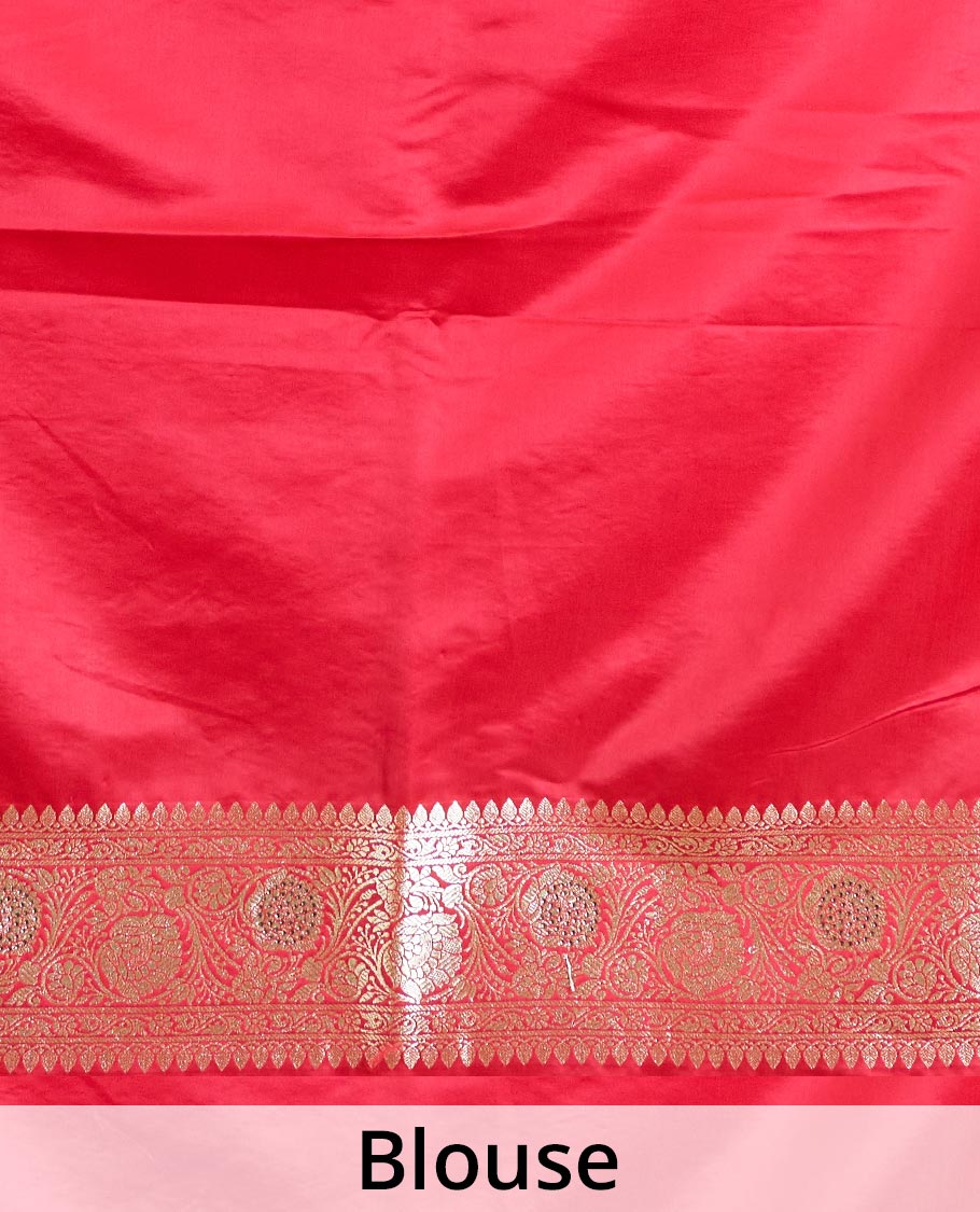 Red floral jaal jacquard with stone work Banaras Satin silk saree, floral creeper zari border, and pallu of thilkam design