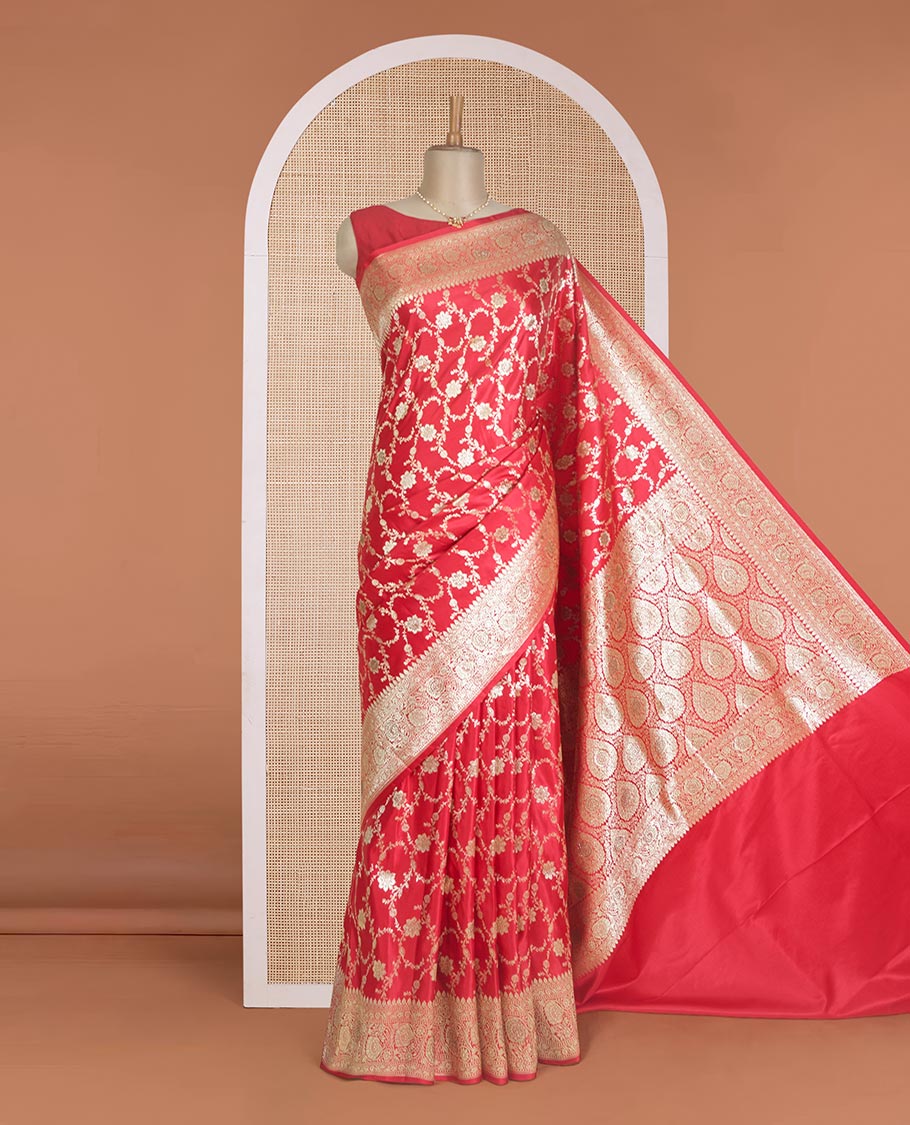 Red floral jaal jacquard with stone work Banaras Satin silk saree, floral creeper zari border, and pallu of thilkam design