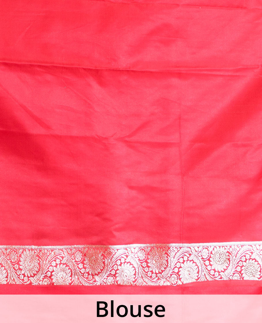 Red diagonal floral stripes with stone work Banaras Satin silk saree, floral creeper zari border, and pallu of jaal design