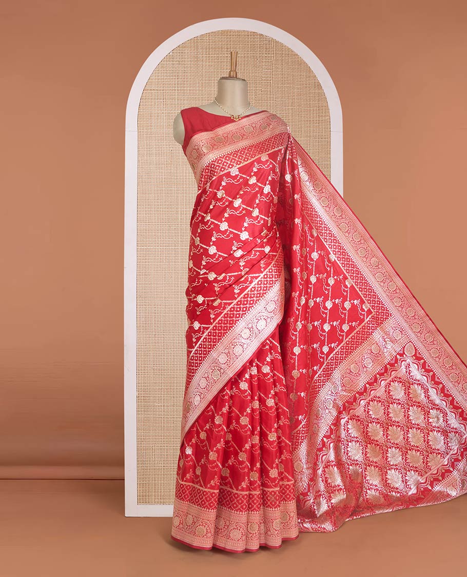 Red diagonal floral stripes with stone work Banaras Satin silk saree, floral creeper zari border, and pallu of jaal design