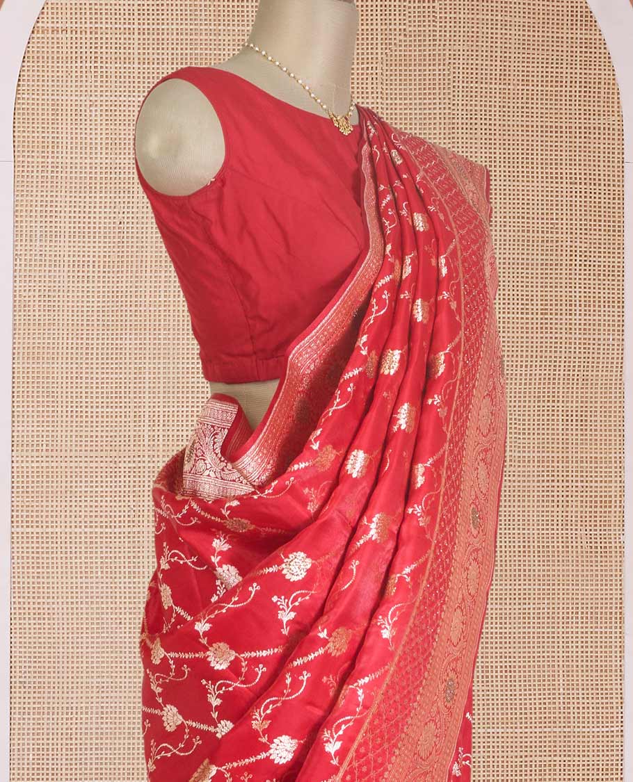 Red diagonal floral stripes with stone work Banaras Satin silk saree, floral creeper zari border, and pallu of jaal design