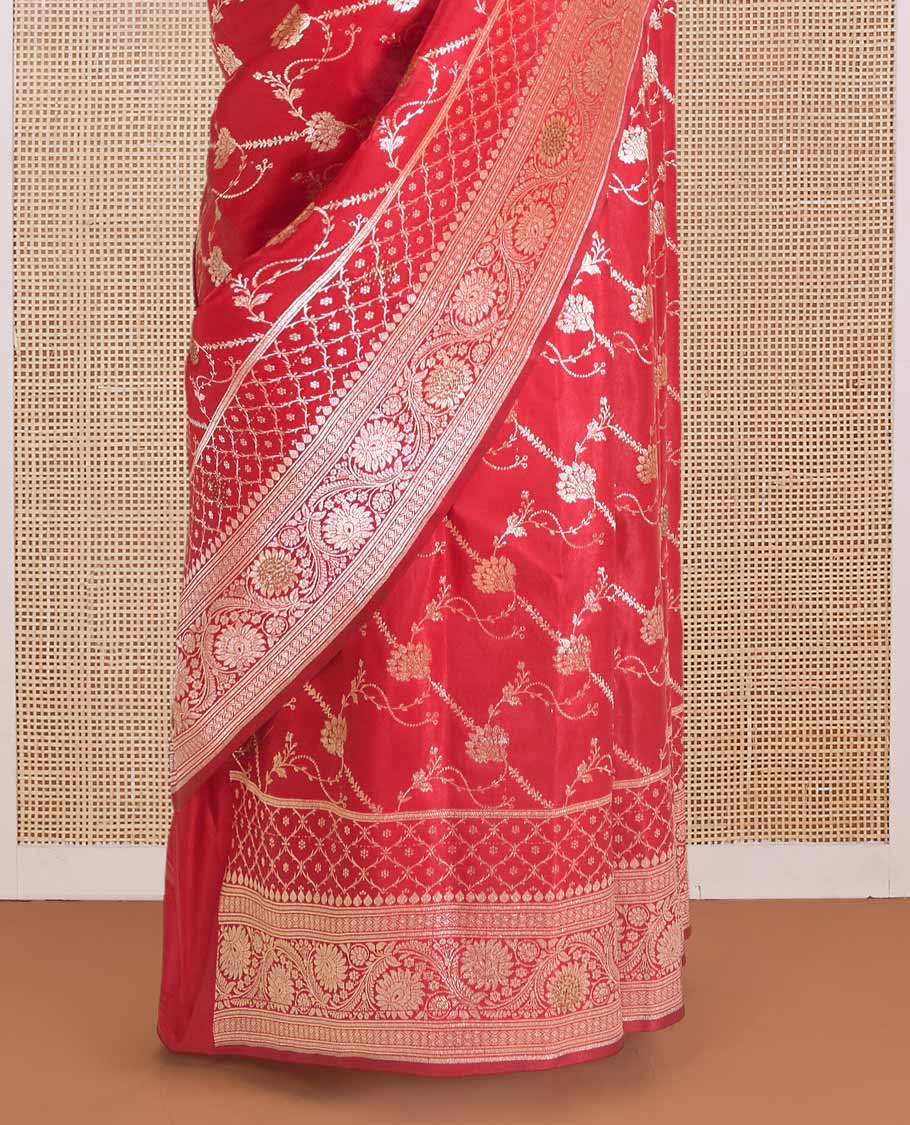 Red diagonal floral stripes with stone work Banaras Satin silk saree, floral creeper zari border, and pallu of jaal design