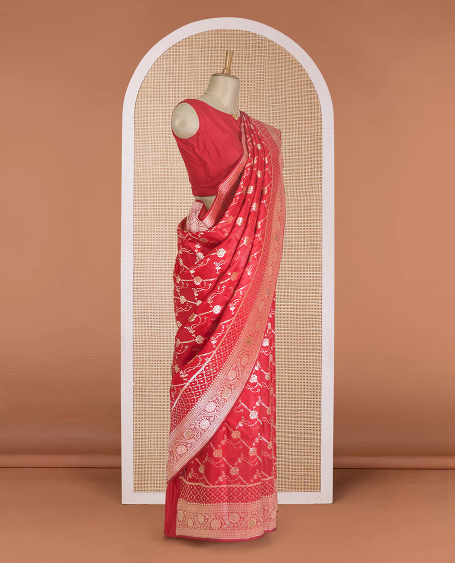 Red diagonal floral stripes with stone work Banaras Satin silk saree, floral creeper zari border, and pallu of jaal design
