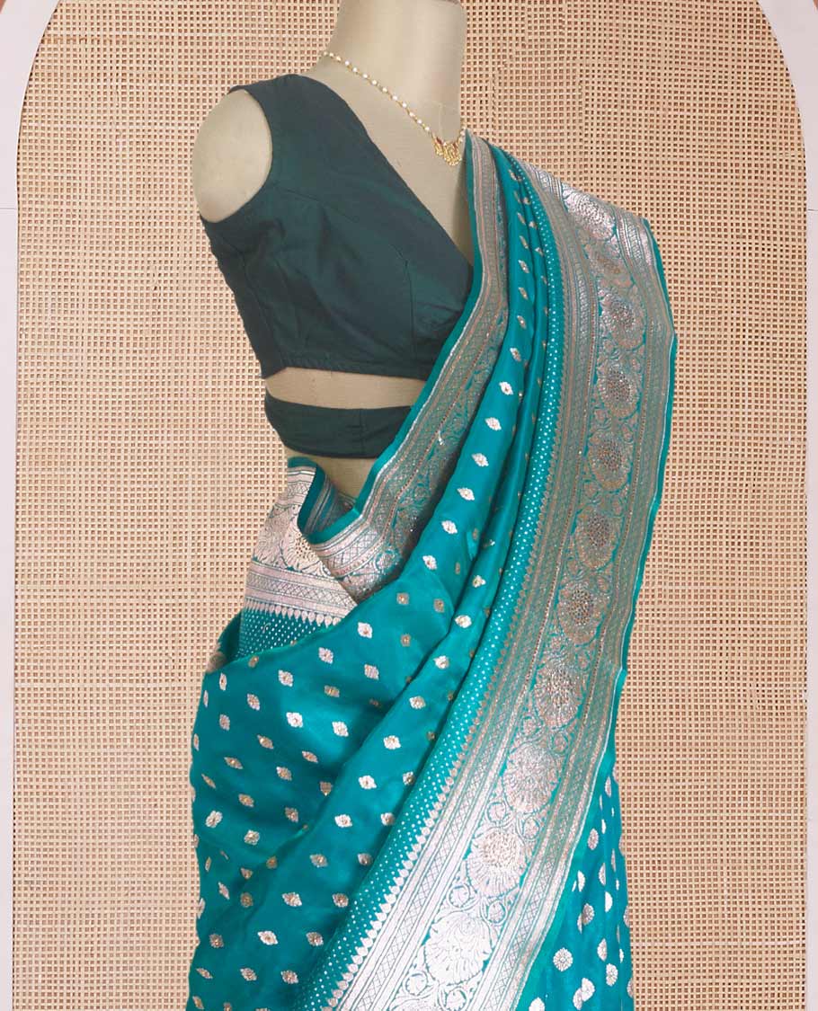 Red diagonal floral stripes with stone work Banaras Satin silk saree, floral creeper zari border, and pallu of jaal design